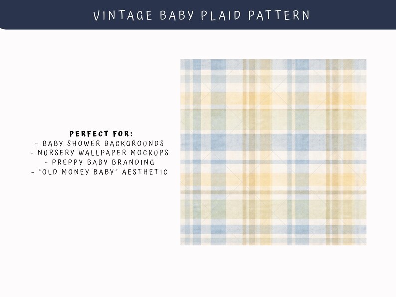Vintage baby plaid seamless pattern in soft blue, cream and muted gold tartan style, high resolution PNG background ideal for nursery wallpaper mockups, baby branding and preppy shower decor.