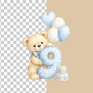 teddy bear birthday png, baby number clipart, soft blue nursery graphics, watercolor baby bear, baby boy party decorations, teddy bear invitation png, pastel balloons clipart, nursery wall art graphics, printable baby shower decor, high quality png files, teddy bear bundle