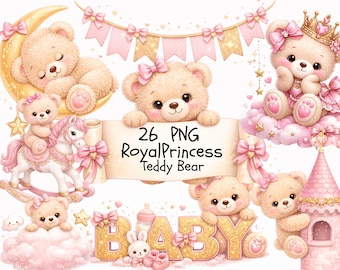 Królewska Księżniczka Miś Clipart – Różowa Grafika na Baby Shower PNG (Pobieranie Cyfrowe)