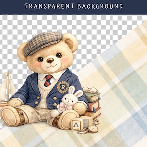 Old money baby aesthetic clipart set featuring elegant plaid textures, gold accents, traditional nursery furniture and timeless teddy bear illustrations for upscale baby shower invitations.
