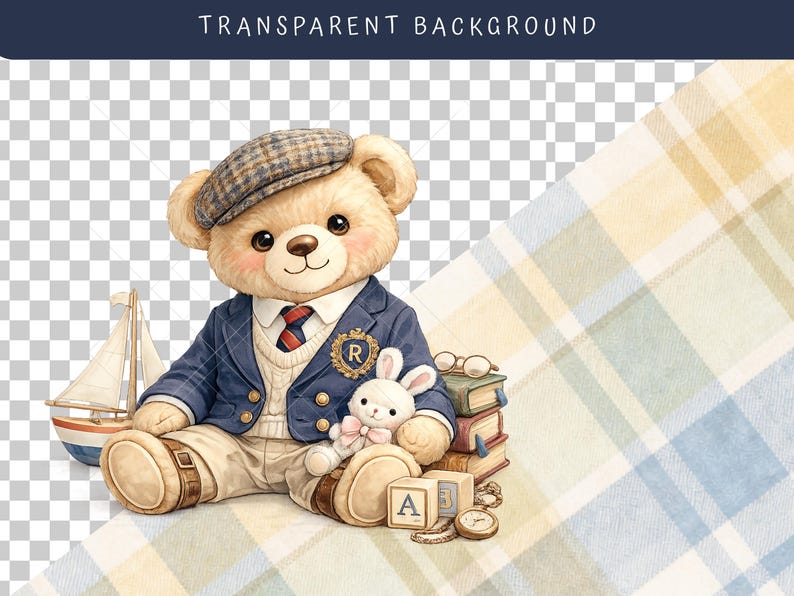 Old money baby aesthetic clipart set featuring elegant plaid textures, gold accents, traditional nursery furniture and timeless teddy bear illustrations for upscale baby shower invitations.