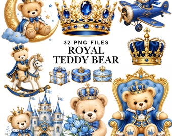 Royal Teddy Bear Clipart, Blue Prince Watercolor PNG, Baby Shower Nursery Art (Commercial Use)