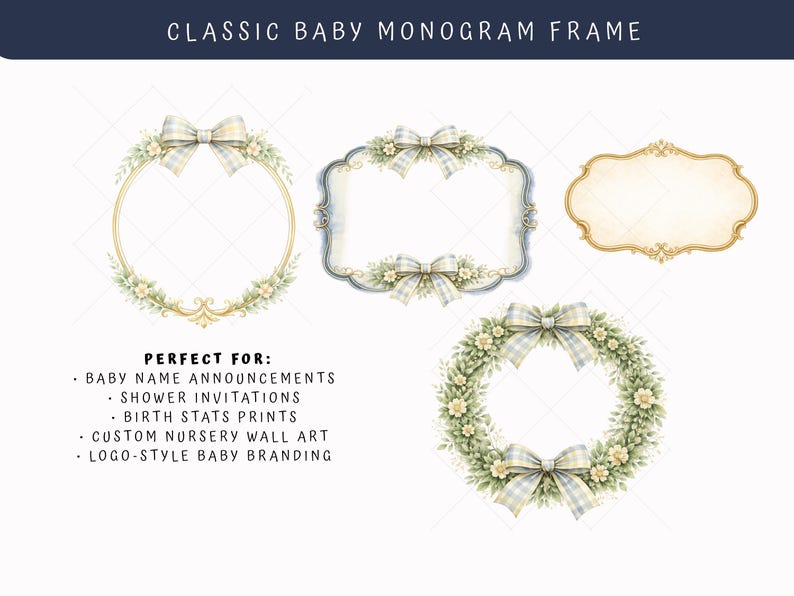 Luxury classic teddy bear PNG bundle with 75 watercolor elements including nursery furniture, baby clothing, toys, wreaths and party decorations in cohesive preppy plaid aesthetic.