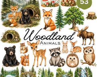 Watercolor Woodland Animals Clipart,Forest Nature Scenes - kids sublimation- commercial use
