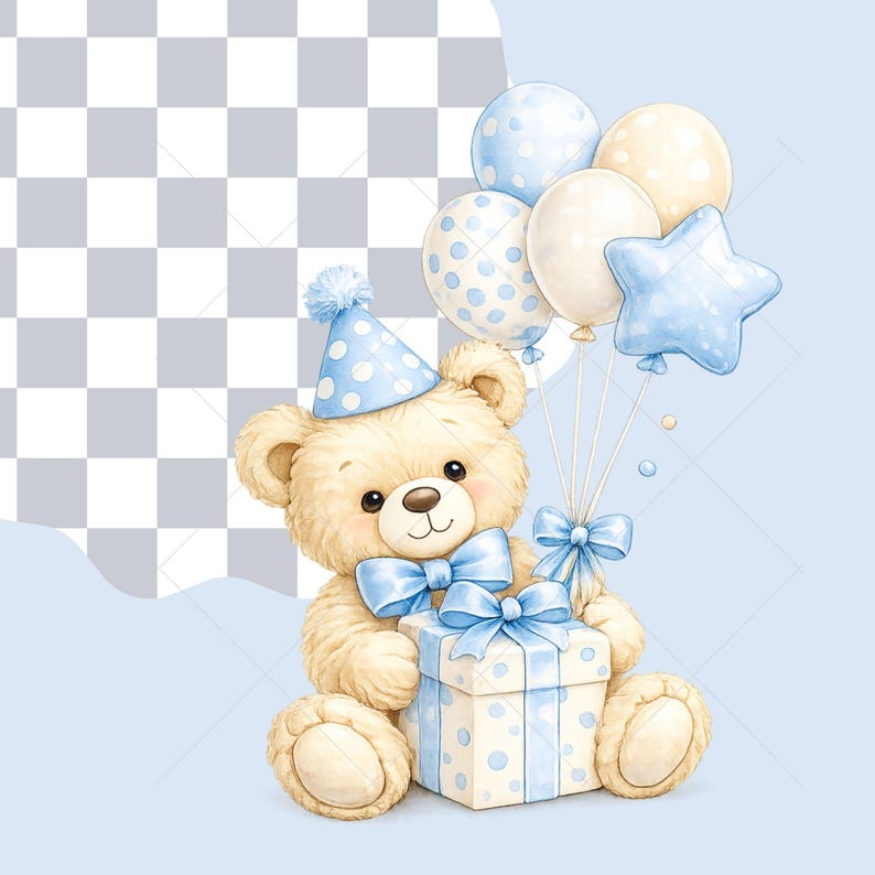 Blue Teddy Bear Birthday Clipart, Watercolor Baby Boy Party Graphics ...