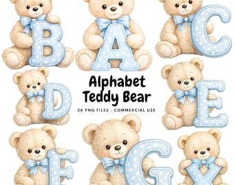 Könnte beinhalten: Eine Sammlung von Aquarell-Teddybären, die jeweils einen Buchstaben des Alphabets halten. Die Buchstaben sind hellblau mit weißen Punkten. Die Bären haben hellbraunes Fell und tragen blaue Schleifen. Der Text "Alphabet Teddy Bear" ist ebenfalls vorhanden.