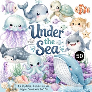 Puede incluir: Una colección digital de 50 ilustraciones de criaturas marinas estilo acuarela que incluye una ballena, medusa, tortuga, tiburón, pulpo y caballito de mar. El texto Under the Sea está centrado junto a la mención de 50 archivos png.