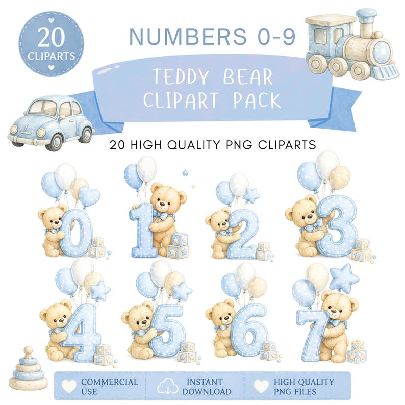 blue teddy bear clipart, teddy bear numbers png, baby boy numbers clipart, watercolor nursery png, pastel blue teddy bear, birthday numbers bundle, baby shower decorations, nursery decor clipart, baby milestone png, cute teddy bear artwork, instant download png, commercial use clipart