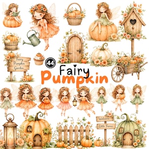 May include: A collection of watercolor-style illustrations featuring fairies, pumpkins, wooden structures, and garden elements. The images include fairies with wings, pumpkin houses, a wooden fence, a wheelbarrow, and signs with text Fairy Pumpkin.
