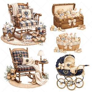 vintage nursery furniture png, baby room clipart set, classic nursery decor png, baby shower furniture clipart, crib rocking chair png, baby decor illustration, rustic nursery png, elegant baby furniture set, nursery bundle png, baby room design elements