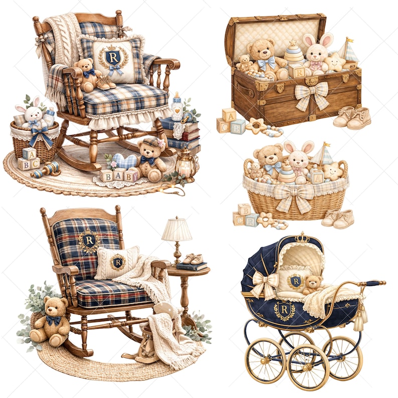 vintage nursery furniture png, baby room clipart set, classic nursery decor png, baby shower furniture clipart, crib rocking chair png, baby decor illustration, rustic nursery png, elegant baby furniture set, nursery bundle png, baby room design elements