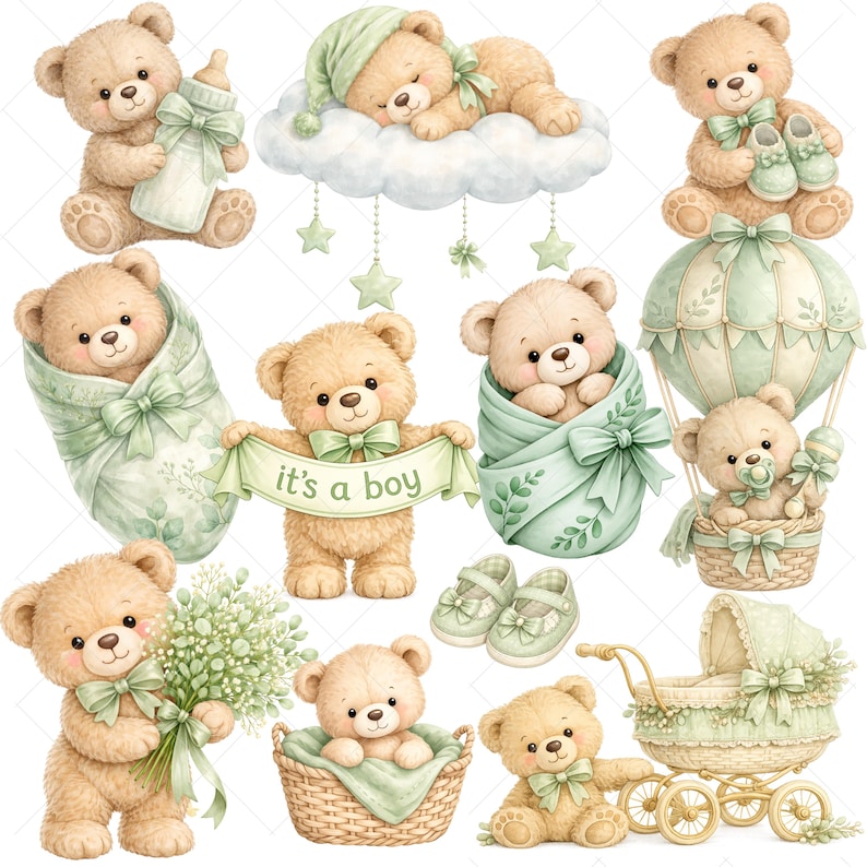 Watercolor Green Teddy Bear Clipart Bundle, Sage Baby Shower PNG ...