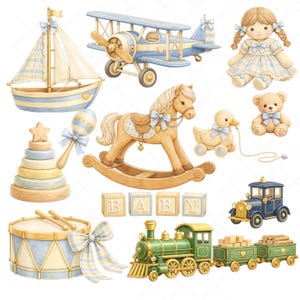 Vintage nursery furniture clipart set featuring rocking chairs, toy chest, woven basket, baby carriage, and decorative accessories in warm wood tones with soft blue accents. Designed in a classic elegant style perfect for baby shower invitations, nursery wall art, and printable decor. High resolution PNG files with transparent background and detailed hand painted look.