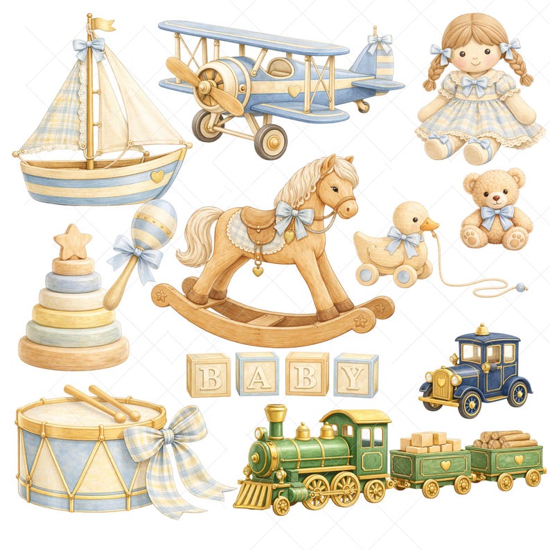 Vintage nursery furniture clipart set featuring rocking chairs, toy chest, woven basket, baby carriage, and decorative accessories in warm wood tones with soft blue accents. Designed in a classic elegant style perfect for baby shower invitations, nursery wall art, and printable decor. High resolution PNG files with transparent background and detailed hand painted look.