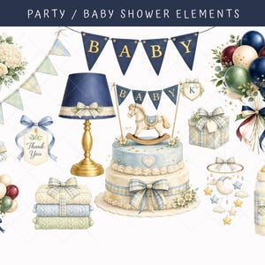 Classic baby shower elements clipart with navy BABY banner, hydrangea floral arrangement, balloon bouquet, rocking horse cake, thank you tag and nursery mobile in watercolor vintage aesthetic.