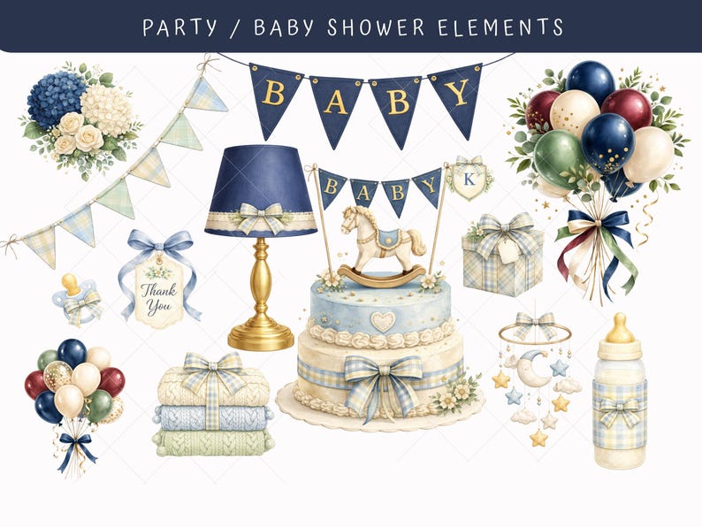 Classic baby shower elements clipart with navy BABY banner, hydrangea floral arrangement, balloon bouquet, rocking horse cake, thank you tag and nursery mobile in watercolor vintage aesthetic.