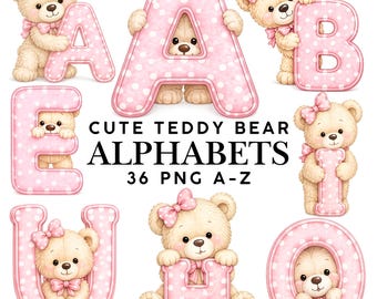 Könnte beinhalten: Eine Sammlung hellbrauner Teddybären mit rosa Schleifen, jeweils kombiniert mit einem großen rosa Buchstaben mit weißen Punkten. Der Text CUTE TEDDY BEAR ALPHABETS 36 PNG A-Z ist zwischen den Buchstaben A, B, E, H, I, O und U zentriert.