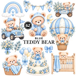 Può includere: Una collezione di illustrazioni digitali con orsacchiotti marrone chiaro in abiti blu, tra cui un orso in auto, una mongolfiera, una culla, una torta e un carro, con festoni blu, palloncini, un arcobaleno e il testo 62 BLUE TEDDY BEAR.