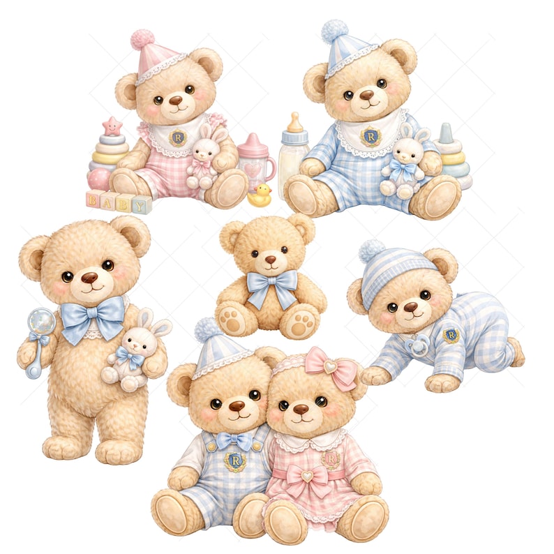 preppy teddy bear png, baby boy teddy clipart, vintage teddy bear outfit, classic nursery bear png, baby shower bear clipart, plaid teddy bear png, cute baby bear illustration, luxury teddy bear design, boy baby clipart bundle, elegant teddy png Collection of preppy teddy bear clipart in vintage baby boy style featuring adorable bears dressed in plaid outfits, sweaters, dresses, and sailor themes. Soft neutral tones with blue and beige accents create a classic nursery aesthetic. Perfect for baby