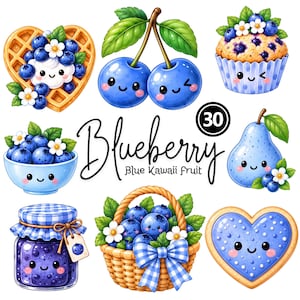 Puede incluir: Una colección de ilustraciones de frutas kawaii azules que incluye un gofre en forma de corazón, cerezas, un muffin, un tazón de arándanos, una pera, un tarro de mermelada, una cesta de bayas y una galleta de corazón con el texto 30 Blueberry Blue Kawaii Fruit.