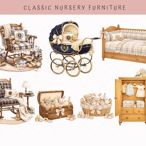 Vintage nursery rocking chair and teddy bear scene clipart with plaid cushions, wooden blocks, books and soft neutral tones, watercolor PNG design perfect for baby shower invitations and birth announcements.Elegant baby clothing clipart set featuring rompers, dresses, shoes, hats, bibs, and bows in soft pastel and neutral tones. Designed in a vintage preppy nursery style perfect for baby shower invitations, kids designs, and printable decor. High resolution PNG files with transparent background