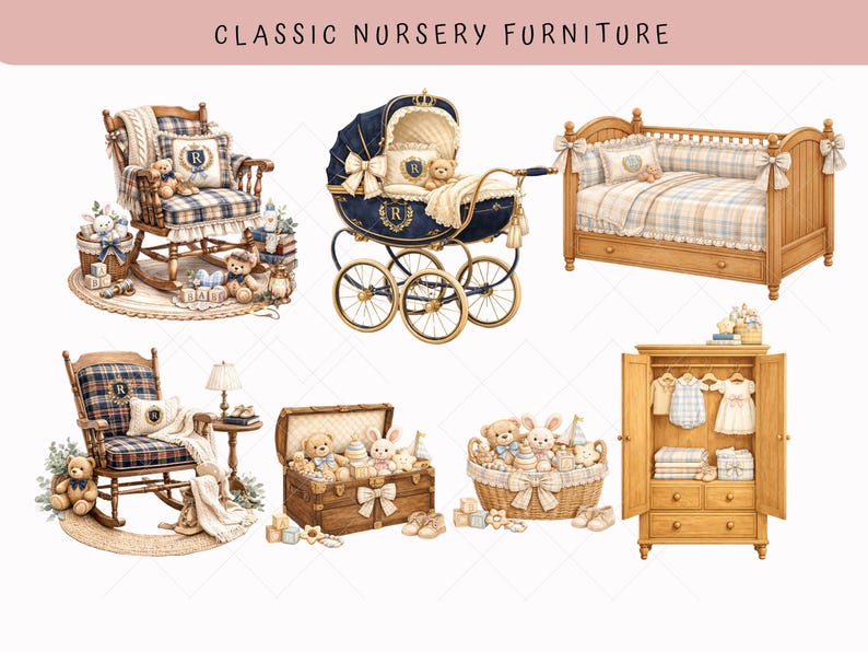 Vintage nursery rocking chair and teddy bear scene clipart with plaid cushions, wooden blocks, books and soft neutral tones, watercolor PNG design perfect for baby shower invitations and birth announcements.Elegant baby clothing clipart set featuring rompers, dresses, shoes, hats, bibs, and bows in soft pastel and neutral tones. Designed in a vintage preppy nursery style perfect for baby shower invitations, kids designs, and printable decor. High resolution PNG files with transparent background