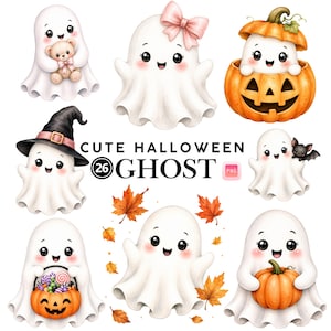 Pode incluir: Uma coleção de ilustrações de fantasmas brancos com vários temas de Halloween, incluindo um fantasma com um ursinho de peluche, um laço, uma abóbora, um chapéu de bruxa, um morcego, um balde de doces e folhas de outono, com o texto CUTE HALLOWEEN 26 GHOST PNG.