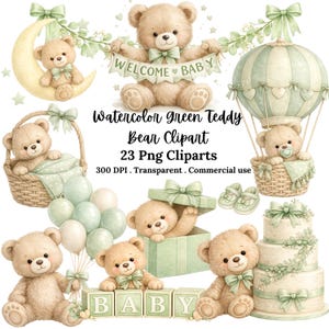 Bundle de cliparts aquarelle vert ours en peluche, Shower de bébé sauge PNG, graphiques de chambre d'enfant (usage commercial)