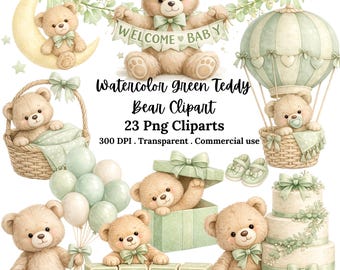 Zestaw clipartów z akwarelowym zielonym misiem, szałwiowe baby shower w formacie PNG, grafiki do pokoju dziecięcego (do użytku komercyjnego)