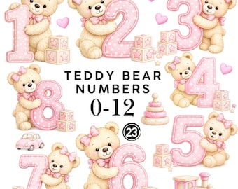 Könnte beinhalten: Ein digitales Illustrationsset mit hellbraunen Teddybären mit rosa Schleifen, die jeweils eine große rosa gepunktete Zahl von 1 bis 8 halten. Die Sammlung enthält rosa Spielzeugwürfel, ein rosa Spielzeugauto, einen rosa Zug und rosa Herzen. Text: TEDDY BEAR NUMBERS 0-12.