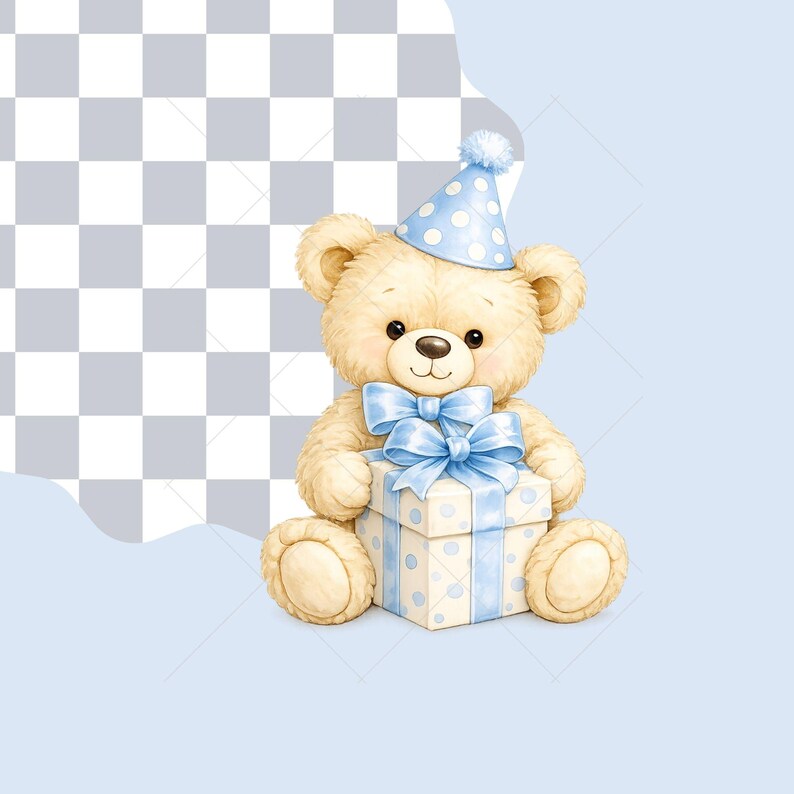 Blue Teddy Bear Birthday Clipart, Watercolor Baby Boy Party Graphics ...