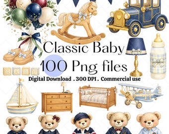Klasyczny miś Teddy Bear Clipart z motywem baby shower – akwarela, szykowna kratka, pokój dziecięcy PNG do użytku komercyjnego.