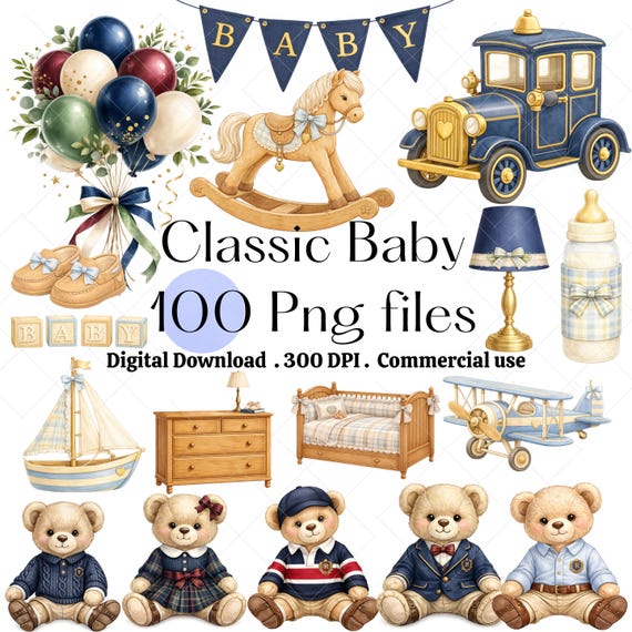 Classic Teddy Bear Baby shower Clipart – Watercolor Preppy Plaid Nursery PNG Commercial Use.