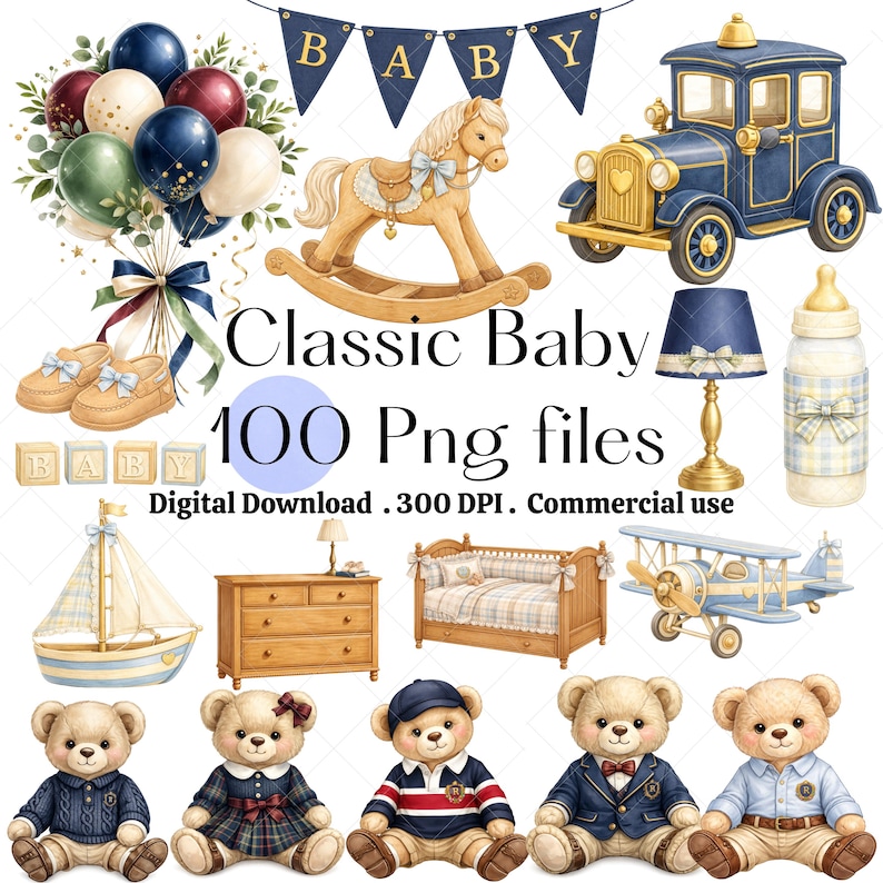 Classic Baby Clipart - Watercolor - Preppy Bear - Nursery Clipart - Baby Shower Png - Commercial Use
• Download the PDF, Click the link inside and you will be transferred to our Dropbox account to download the files! No account necessary

Please note, this is a digital item – no physical product will be shipped. Perfect for personal and commercial use. No refunds or exchanges will be made.
classic baby shower clipart, vintage baby boy png, preppy baby decor, teddy bear baby shower, blue beige