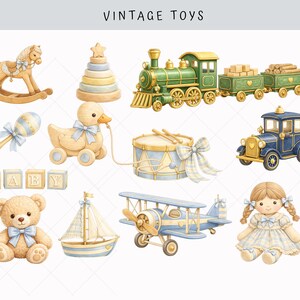 Vintage toys watercolor clipart featuring wooden rocking horse, classic train, baby blocks, sailboat, teddy bear, doll, stacking rings and drum in soft blue and beige tones for nursery decor projects.
Classic Baby Clipart - Watercolor - Preppy Bear - Nursery Clipart - Baby Shower Png - Commercial Use
