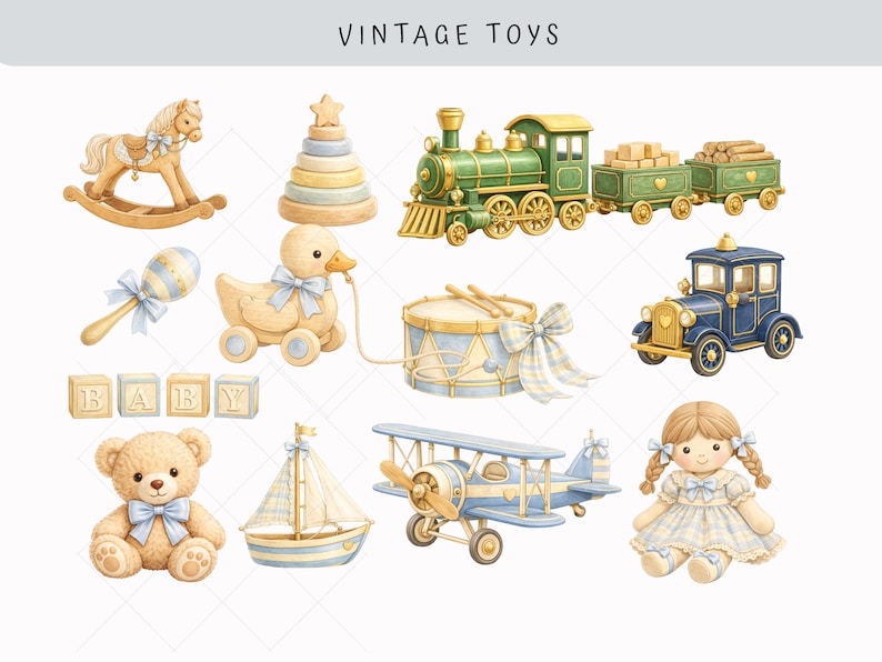 Vintage toys watercolor clipart featuring wooden rocking horse, classic train, baby blocks, sailboat, teddy bear, doll, stacking rings and drum in soft blue and beige tones for nursery decor projects.
Classic Baby Clipart - Watercolor - Preppy Bear - Nursery Clipart - Baby Shower Png - Commercial Use