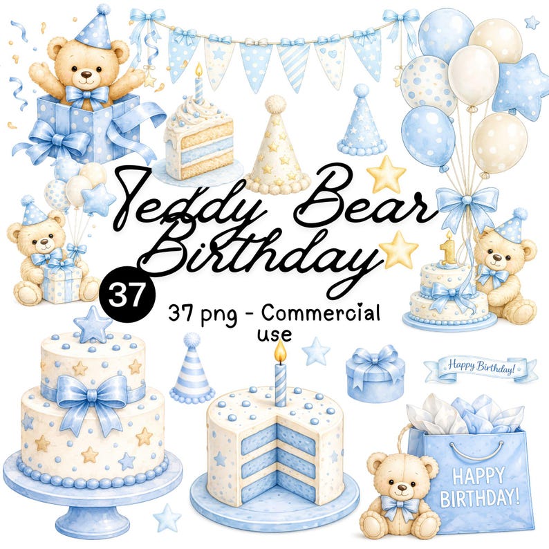 Blue Teddy Bear Birthday Clipart, Watercolor Baby Boy Party Graphics ...