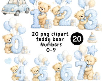 Clipart-Set mit blauen Teddybär-Zahlen, blaue Babyzahlen 0-9 (20 PNG) - Kommerzielle Nutzung