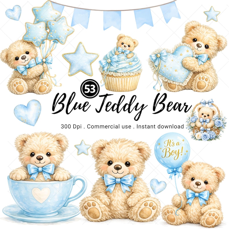 Blue Teddy Bear Clipart – Watercolor Baby Boy Elements - Commercial Use ...