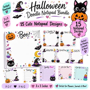 Op de afbeelding: Een digitale bundel van 15 notitieblokontwerpen met Halloween-thema, voorzien van illustraties van zwarte katten, pompoenen, heksenhoeden, spoken en snoepjes. De tekst bevat Halloween Doodle Notepad Bundle, 15 Cute Notepad Designs, Boo!, Spooky Season, Trick or Treat, Witchy Notes, Hocus Pocus, Batty Plans, To-Do List, Today, Spooky Plans, Let's Do This en Boo-tiful Goals.