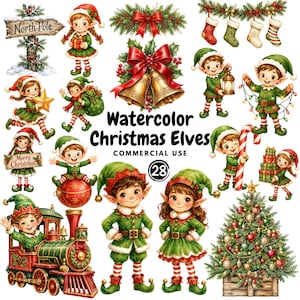 May include: A collection of watercolor Christmas illustrations featuring elves in green and red outfits, a North Pole sign, stockings, bells, a train, and a decorated tree. The text reads Watercolor Christmas Elves COMMERCIAL USE 28.