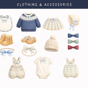 Clothing and accessories baby clipart set including plaid romper, knit sweater, baby bonnet, loafers, buckle boots, bib, bow ties and cable knit hat in preppy vintage style PNG for baby design templates.