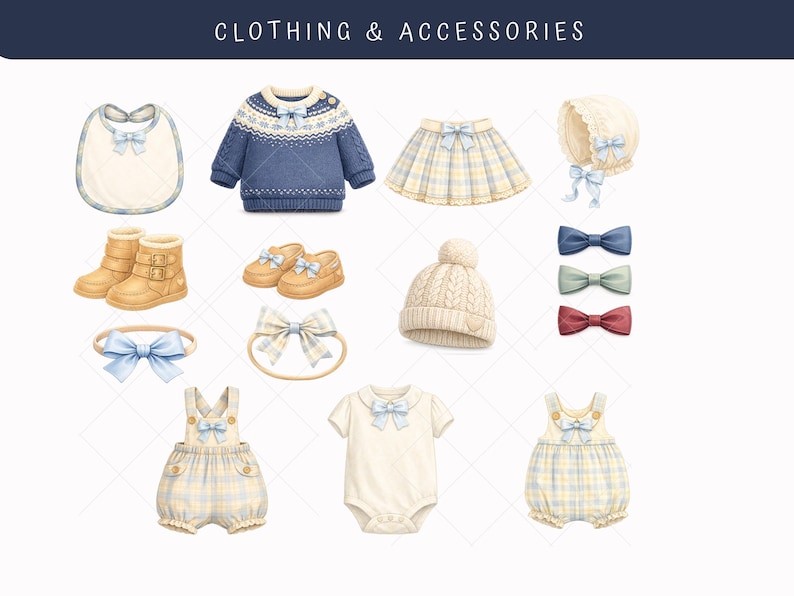 Clothing and accessories baby clipart set including plaid romper, knit sweater, baby bonnet, loafers, buckle boots, bib, bow ties and cable knit hat in preppy vintage style PNG for baby design templates.