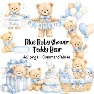 May include: A watercolour illustration of teddy bears, balloons, and gift boxes in blue and tan. The image includes the phrases "Welcome Baby" and "BABY BOY". The theme is a baby shower.