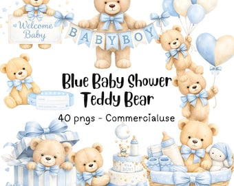 Blauwe teddybeer babyshower clipart – aquarel png-set - instant download - commercieel gebruik