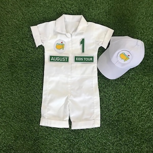 Personalized Golf Short Caddy Outfit for  kid Toddler Masters  Costume White Green golf baby suit birthday uniform free cap gift