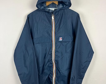 Kurtka wiatrówka Vintage K-Way Packable, męska, niebieska, z kapturem, przeciwdeszczowa, lekka, festiwalowa, outdoorowa, rozmiar L-XL