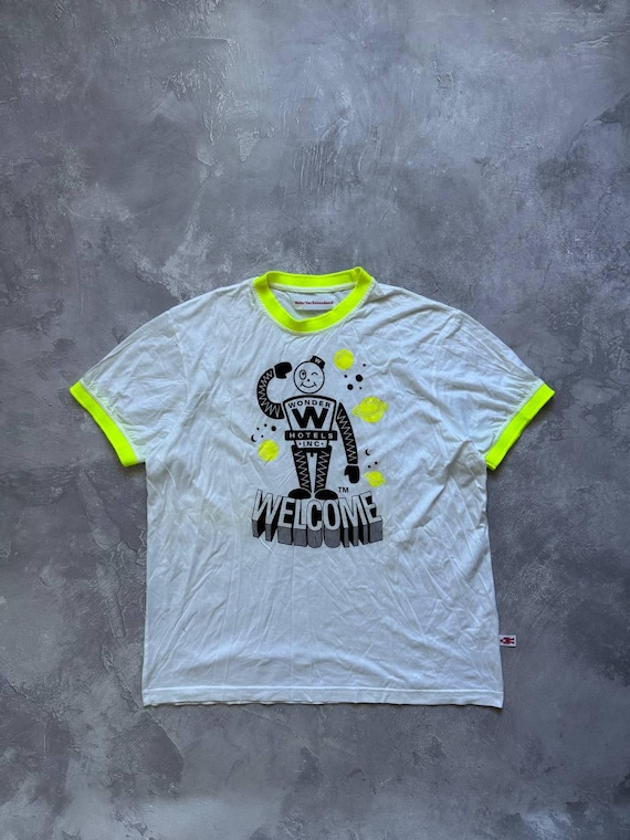 Walter Van Beirendonck, Walter Van Beirendonck Wonder Hotels Graphic T-Shirt Men Large White Neon Yellow Ringer Tee Avant-Garde Designer Streetwear