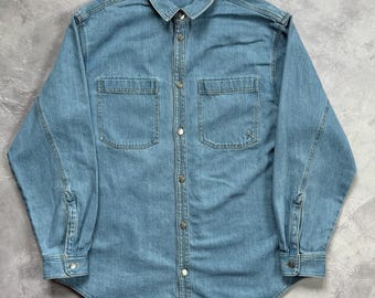 Mugler x HM Blue Denim Shirt Men's Size XL Oversized Jean Jacket Button Down Heavyweight Cotton Workwear Star Logo Blouse