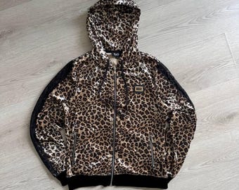 Vintage Dolce Gabbana hoodie met luipaardprint en rits voor dames, maat S